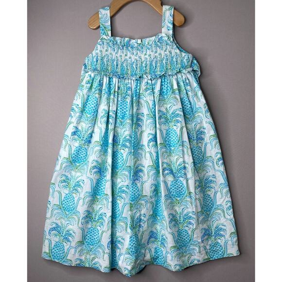 Le Za Me Pineapple Princess Blue & White Smocked Sundress w/Sash Girls 6 Yrs